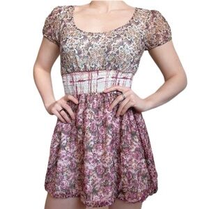 Guess by Marciano Sepia 100% Silk Floral A-line Short Sleeve Mini Dress S